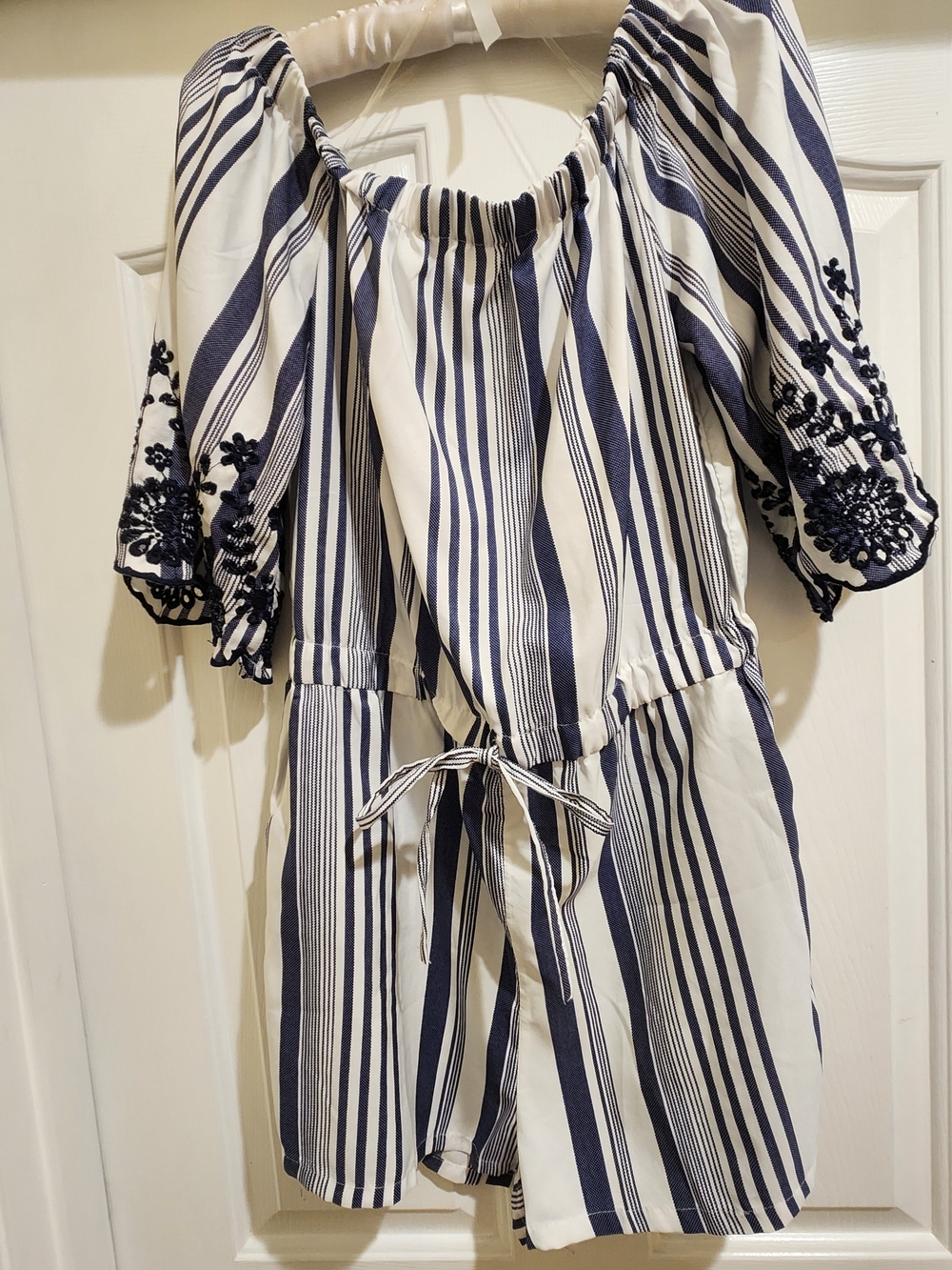 Striped Navy & White Off-Shoulder Romper